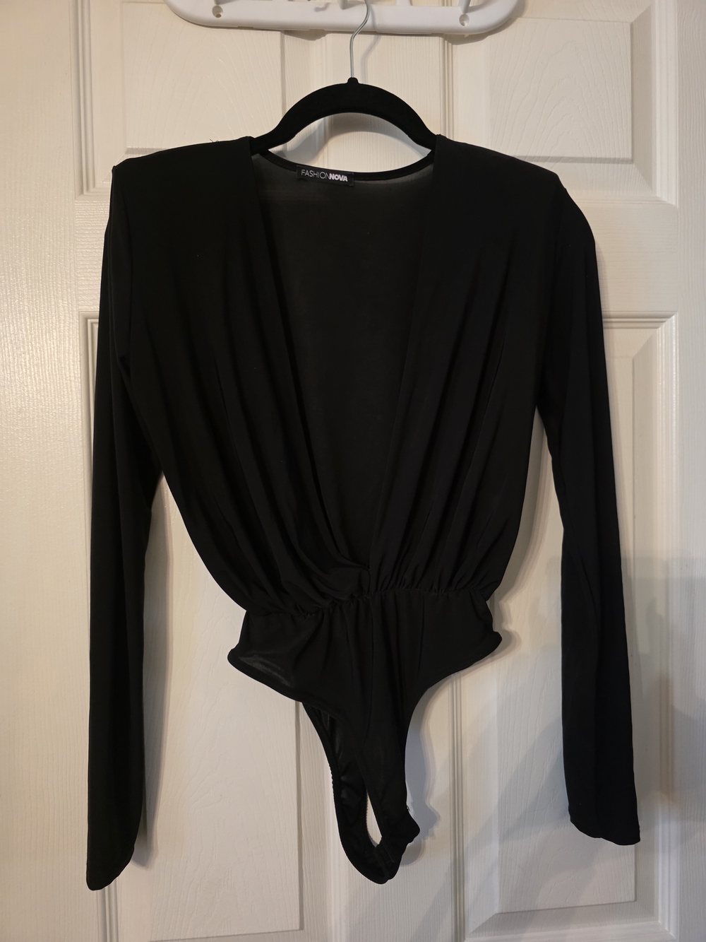 Fashion Nova Black Long-Sleeve Plunge Bodysuit